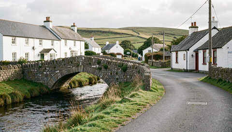 A stone humpback bridge over a small river in a Manx village, whitewashed cottages and a low pub beside the road.
