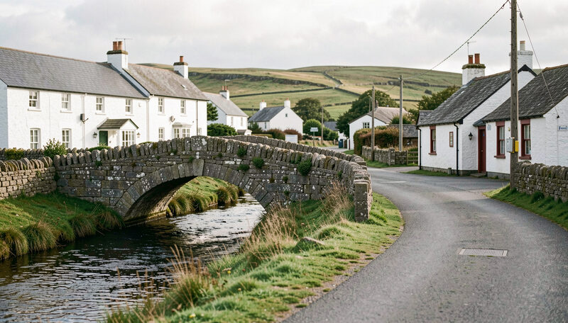 A stone humpback bridge over a small river in a Manx village, whitewashed cottages and a low pub beside the road.