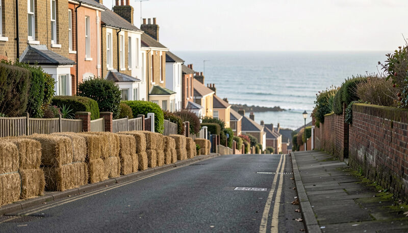 A residential street in Douglas dropping steeply between terraced houses toward the sea, closed to traffic with straw bales against a garden wall.