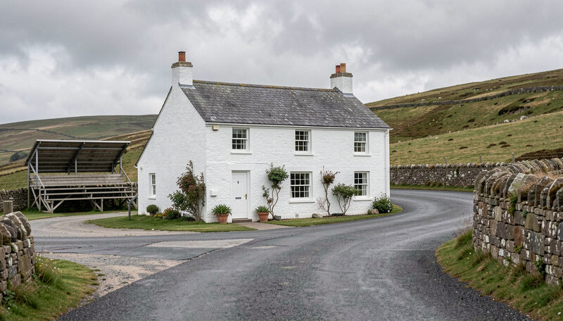 A whitewashed country pub at a crossroads on a hillside with a small grandstand beside it and a dry stone wall, grey sky behind.