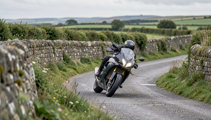 A lone motorcycle leaning hard through a stone-walled country bend on the Isle of Man, dry stone walls and green hedges blurred behind, overcast Manx light