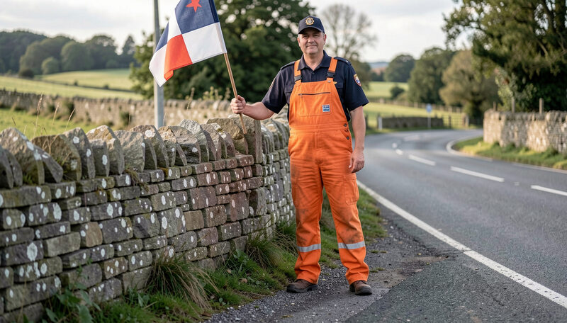 A marshal in orange overalls standing beside a dry stone wall at a country road corner with a flag, the closed road empty ahead.