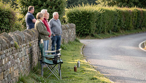 Spectators standing behind a dry stone wall and a hedge watching an empty closed road, folding chairs and a flask on the grass verge.