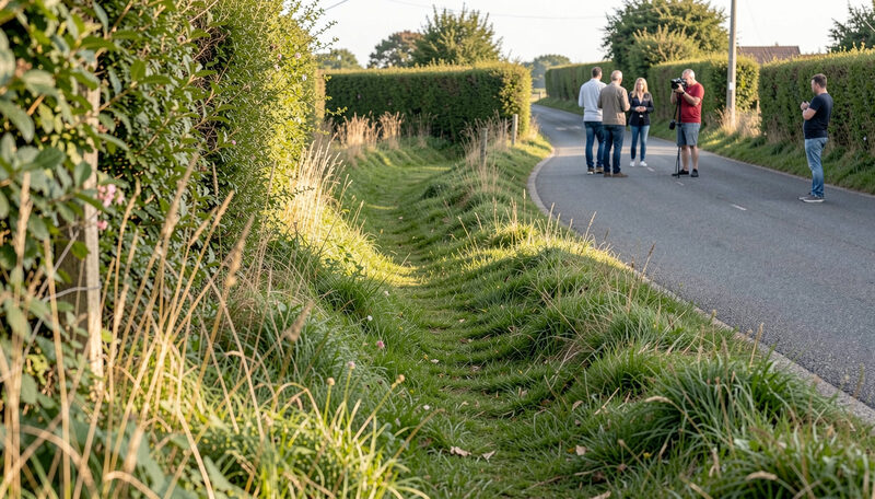 A grassy bank beside a country road with a few spectators and a camera, looking down on a bend between tall hedges.